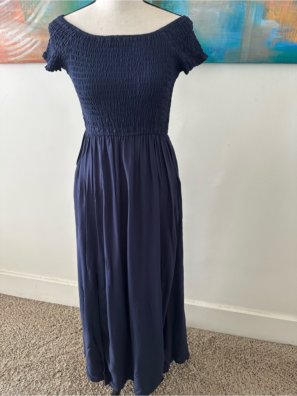 Cotton Emporium NWT Smocked Off Shoulder Navy Maxi Dress Small
